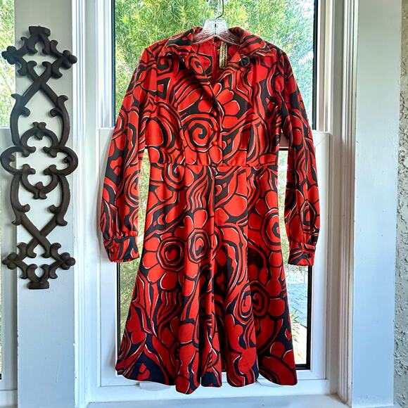 Vintage Eleanor Brenner Couture Orange & Black Mod Print Dress 1970s Size Small - Picture 11 of 16